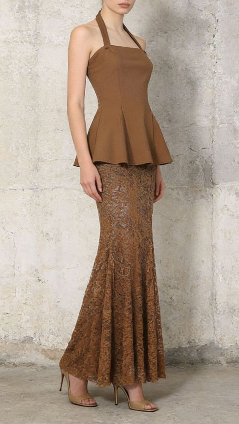 Janiah Elegant Halter Peplum Top & Bronze Lace Maxi Skirt Set