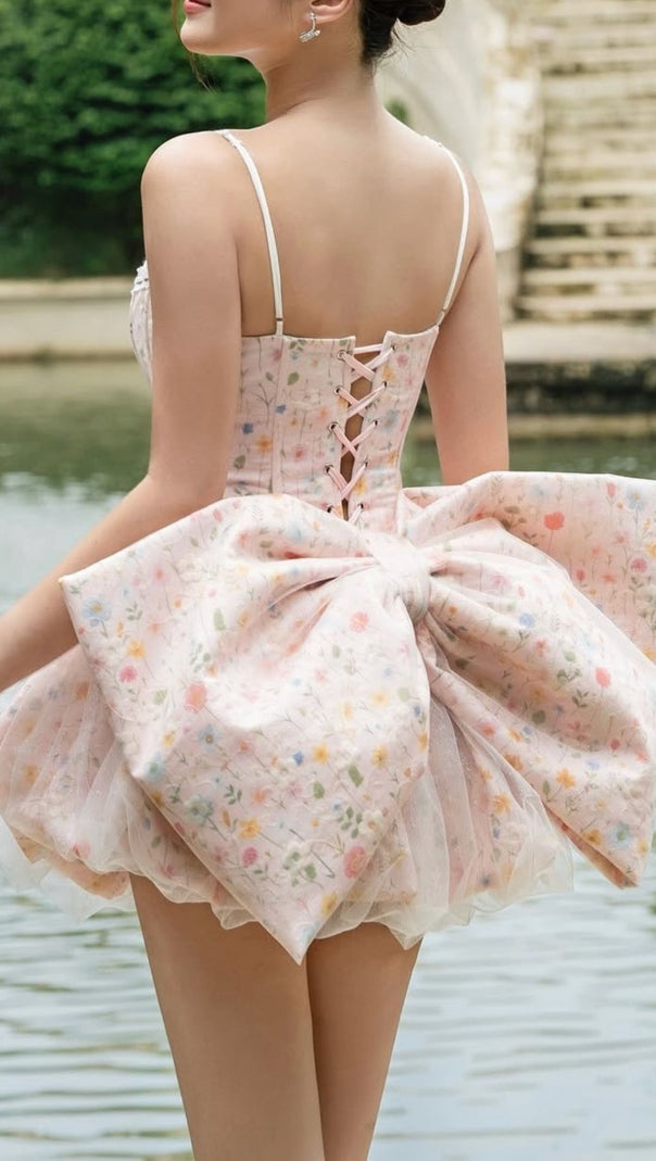 AIIZIE Jaylene Whimsical Floral Corset Mini Dress with Bow Back Detail - product image