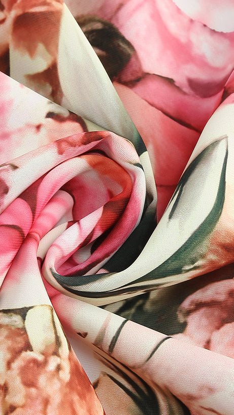 Rosa bedrucktes Midikleid mit offenem Rückenschlitz und ausgehöhlter Vorderseite