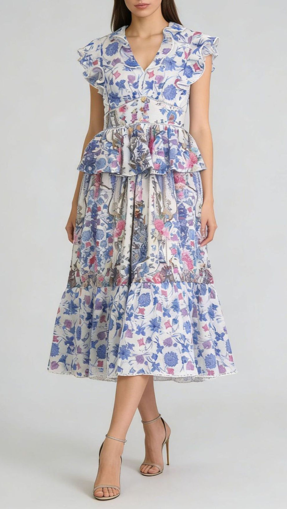 Jamiya Blue Floral Ruffle Midi Dress - Elegant Tiered Peplum Design