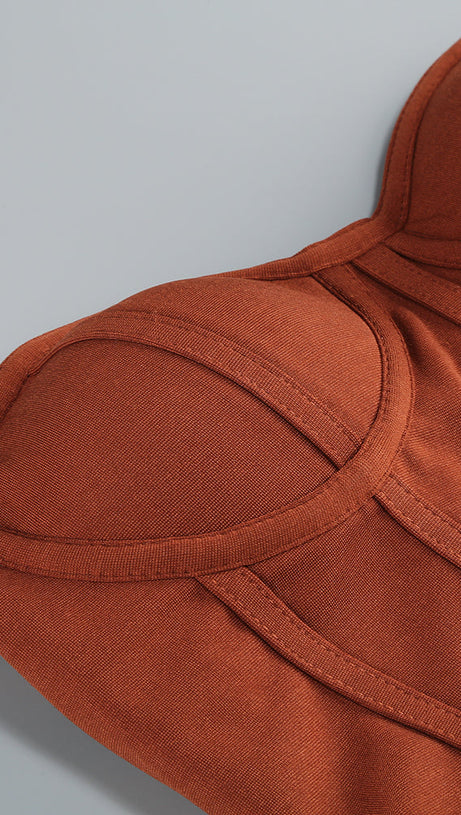 ONE SHOULDER DRAPED GLITTER BROWN CORSET OPEN BACK MAXI DRESS