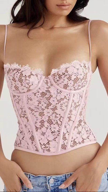 Mila Floral Lace Corset Cami Set - Pink