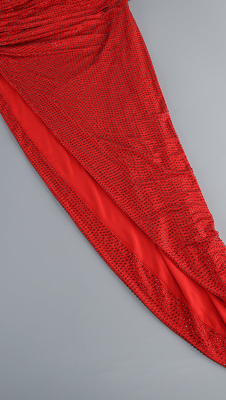 ONE-SHOULDER HOT DIAMOND HOLLOW IRREGULAR SLIT RED MAXI DRESS