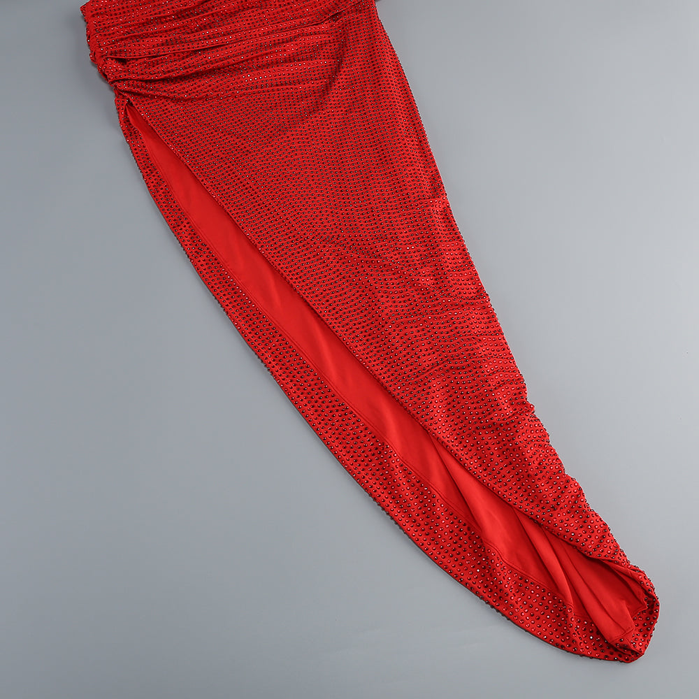 Rotes Maxikleid mit One-Shoulder-Ausschnitt, heißem Diamant-Hohlraum und unregelmäßigem Schlitz 