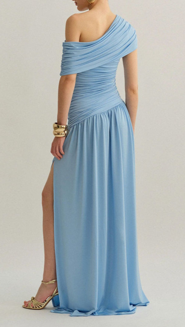 Josefa Sky Blue Ruched Off-Shoulder Maxi Dress with High Slit