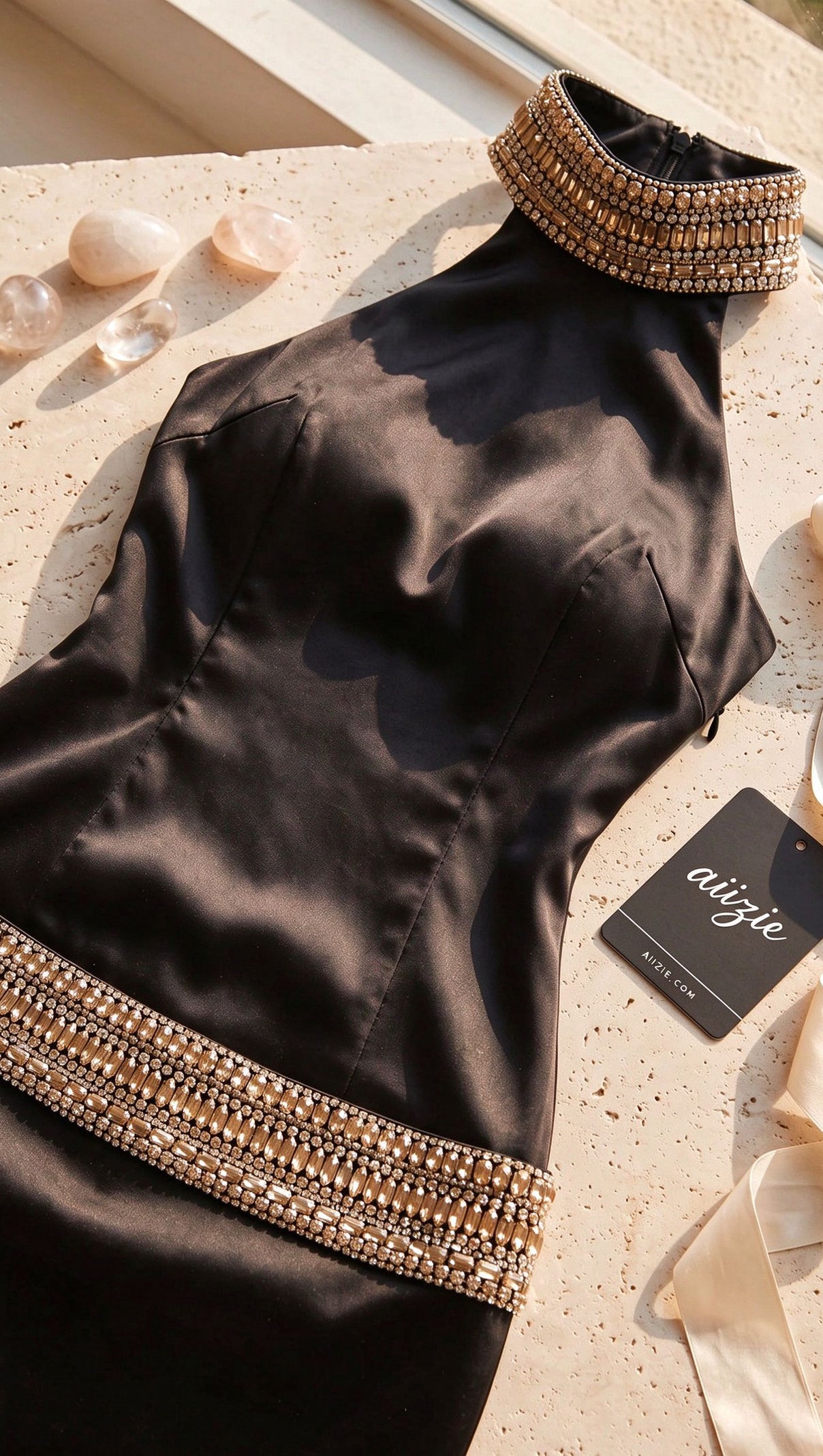 Black Satin Bodycon Dress with Crystal Embellishments