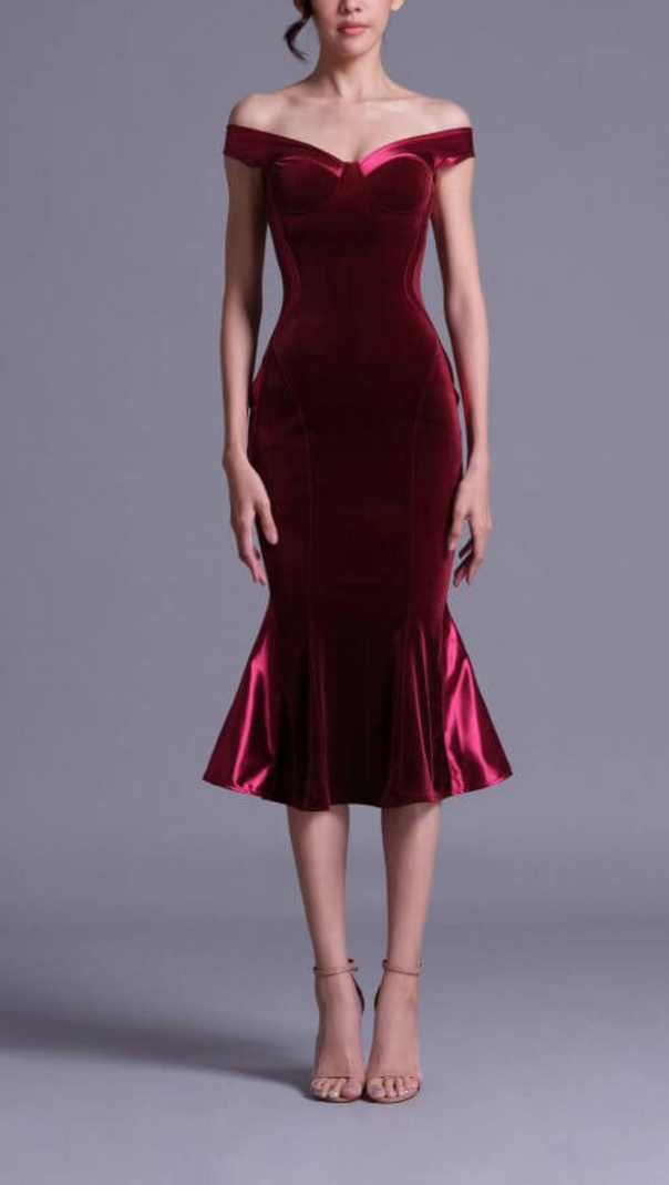 AIIZIE POLYESTER SPANDEX SATIN MIDI DRESS IN BURGUNDY - product image