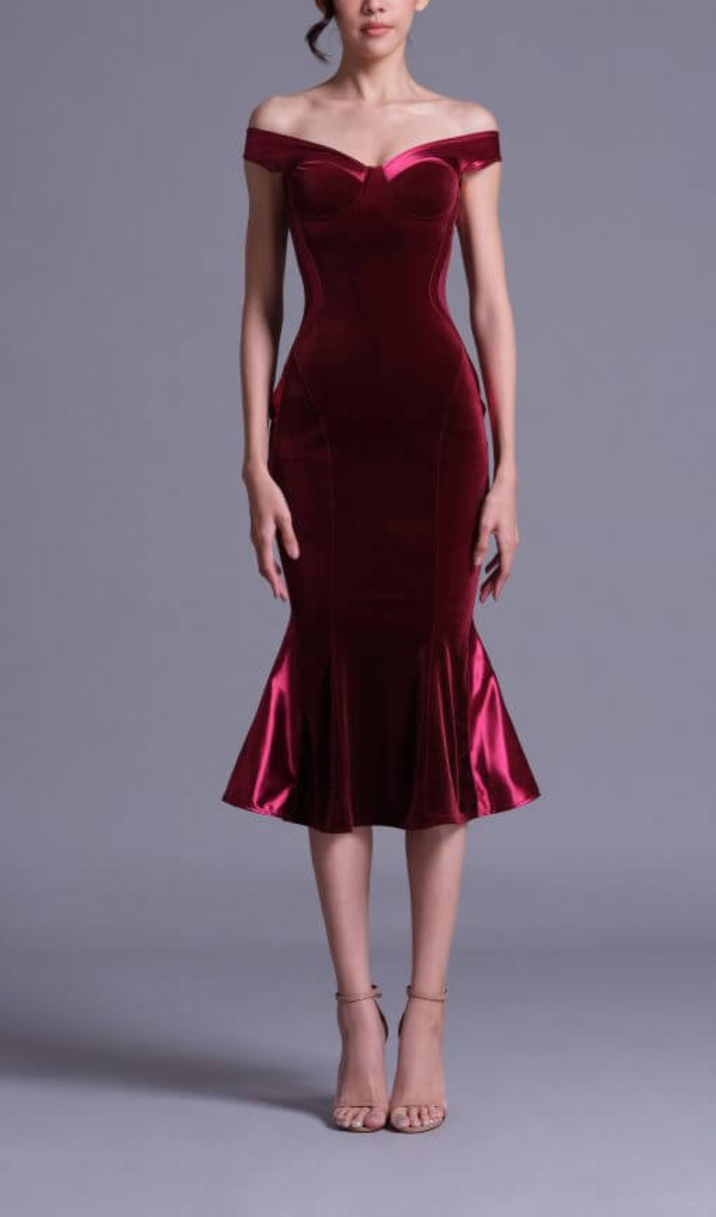 ABITO MIDI IN RASO DI POLIESTERE E SPANDEX COLOR BORDEAUX