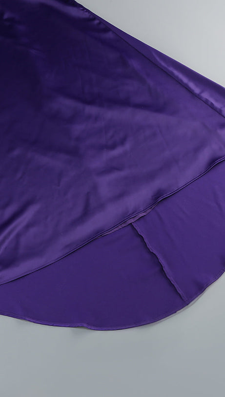 SATIN WRAP HALTER GOWN WITH FLOWER IN PURPLE