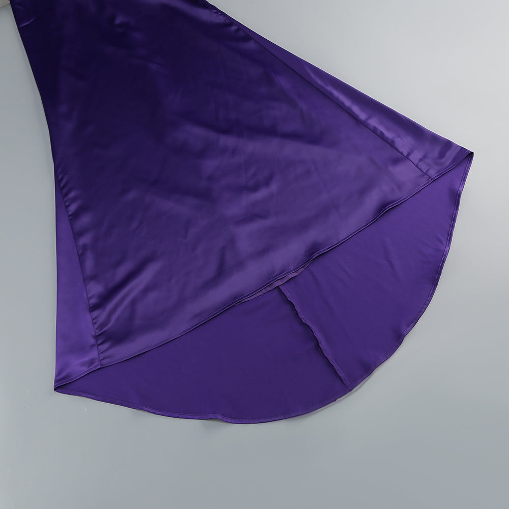 AIIZIE SATIN WRAP HALTER GOWN WITH FLOWER IN PURPLE - product image