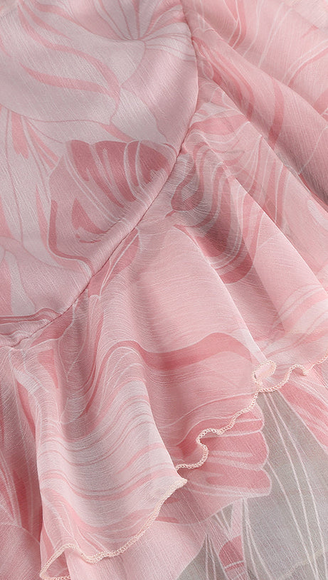 ZORA PINK FLORAL-PRINT RUFFLED SILK MIDI DRESS