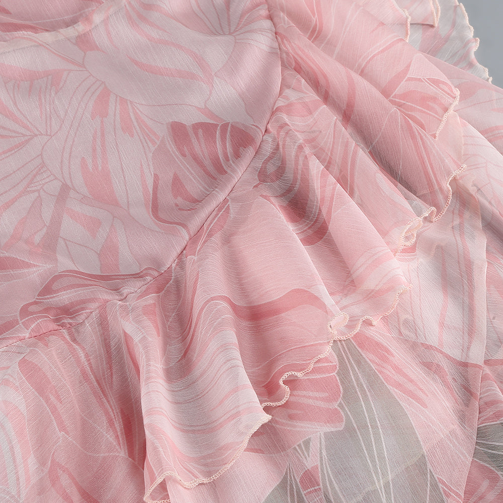 AIIZIE ZORA PINK FLORAL-PRINT RUFFLED SILK MIDI DRESS - product image