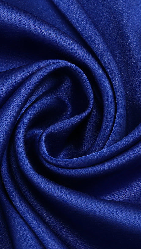 BEVERLY BRAID EMBELLISHED RUCHED HALTER GOWN IN BLUE