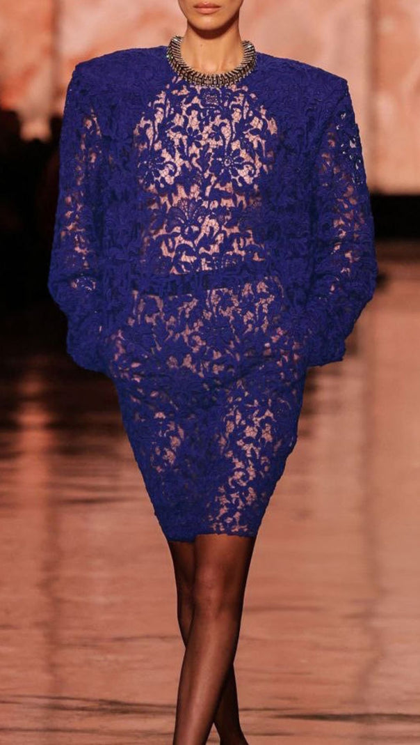 AIIZIE HERMIA ROYAL BLUE LACE LONG SLEEVE MINI DRESS - CHIC & VERSATILE FOR WOMEN - product image