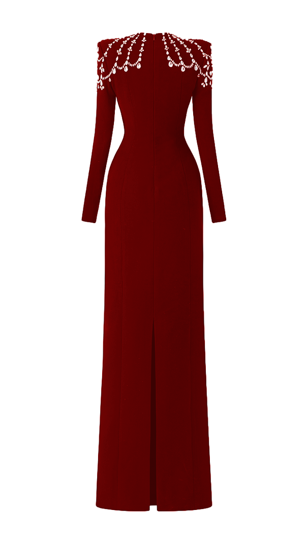 AIIZIE LONG SLEEVE TRAPEZOID NECKLINE BODYCON MAXI DRESS IN RED - product image