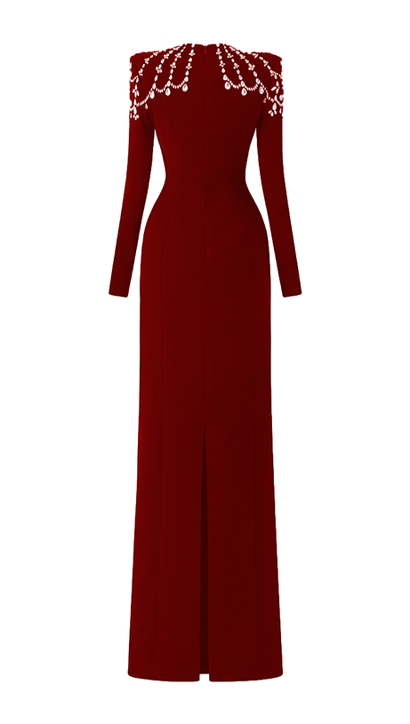 LONG SLEEVE TRAPEZOID NECKLINE BODYCON  MAXI DRESS IN RED