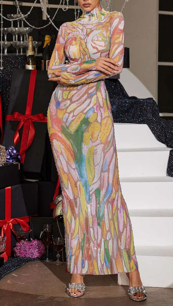 AIIZIE Rupok Dazzling Rhinestone Abstract Print Turtleneck Maxi Dress – Glamorous Evening Gown - product image