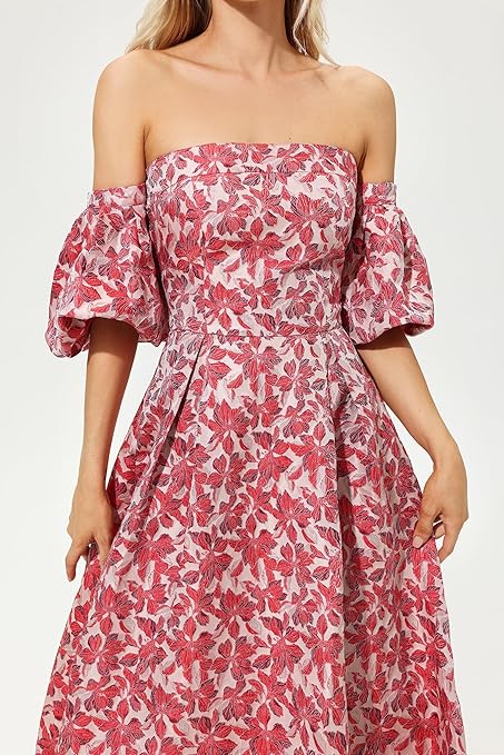 PEACH PRINTED LANTERN SLEEVE MAXI DRESS