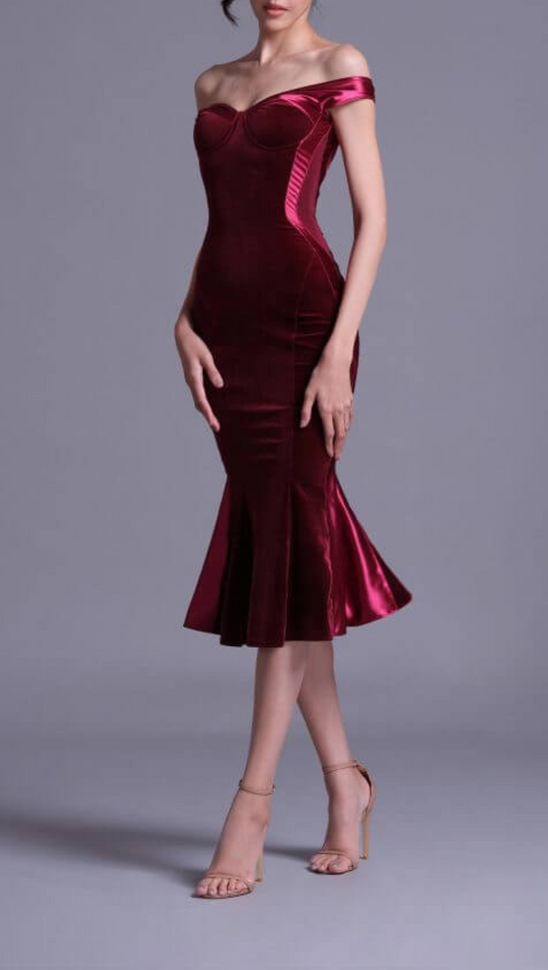 AIIZIE POLYESTER SPANDEX SATIN MIDI DRESS IN BURGUNDY - product image