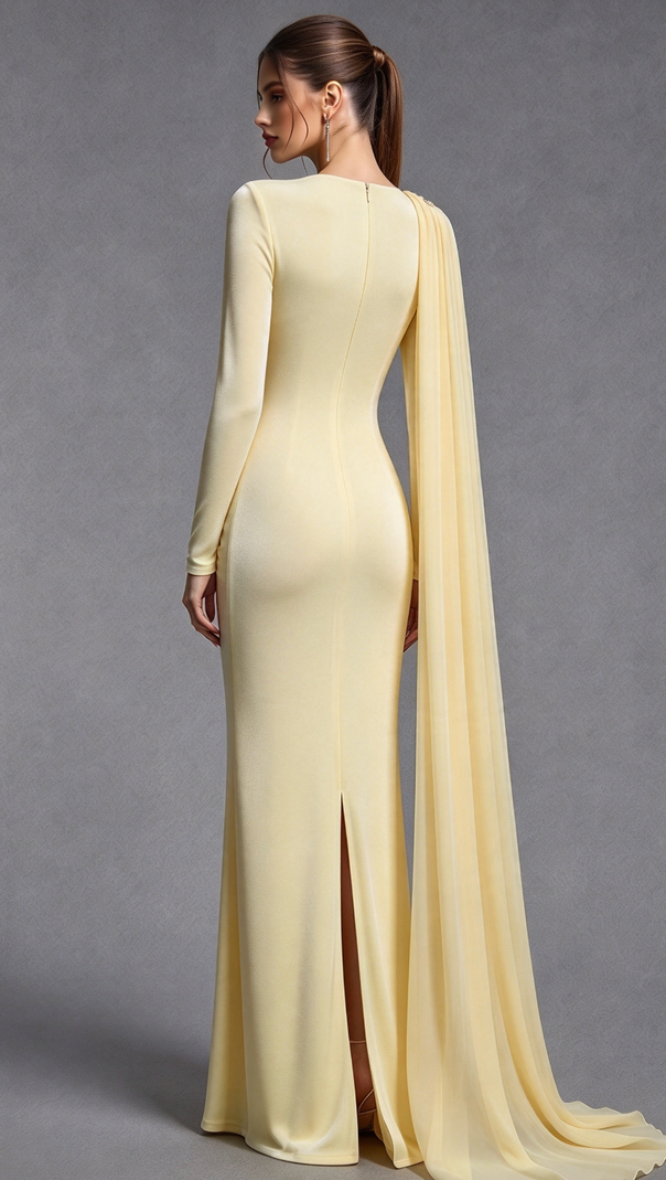 Pale Yellow Fine Stretch Knit Column Evening Gown with Asymmetric Draped Cape