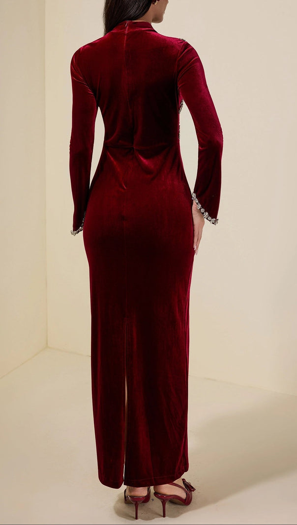hilary Velvet Rhinestone Long Sleeve Maxi Dress - burgundy