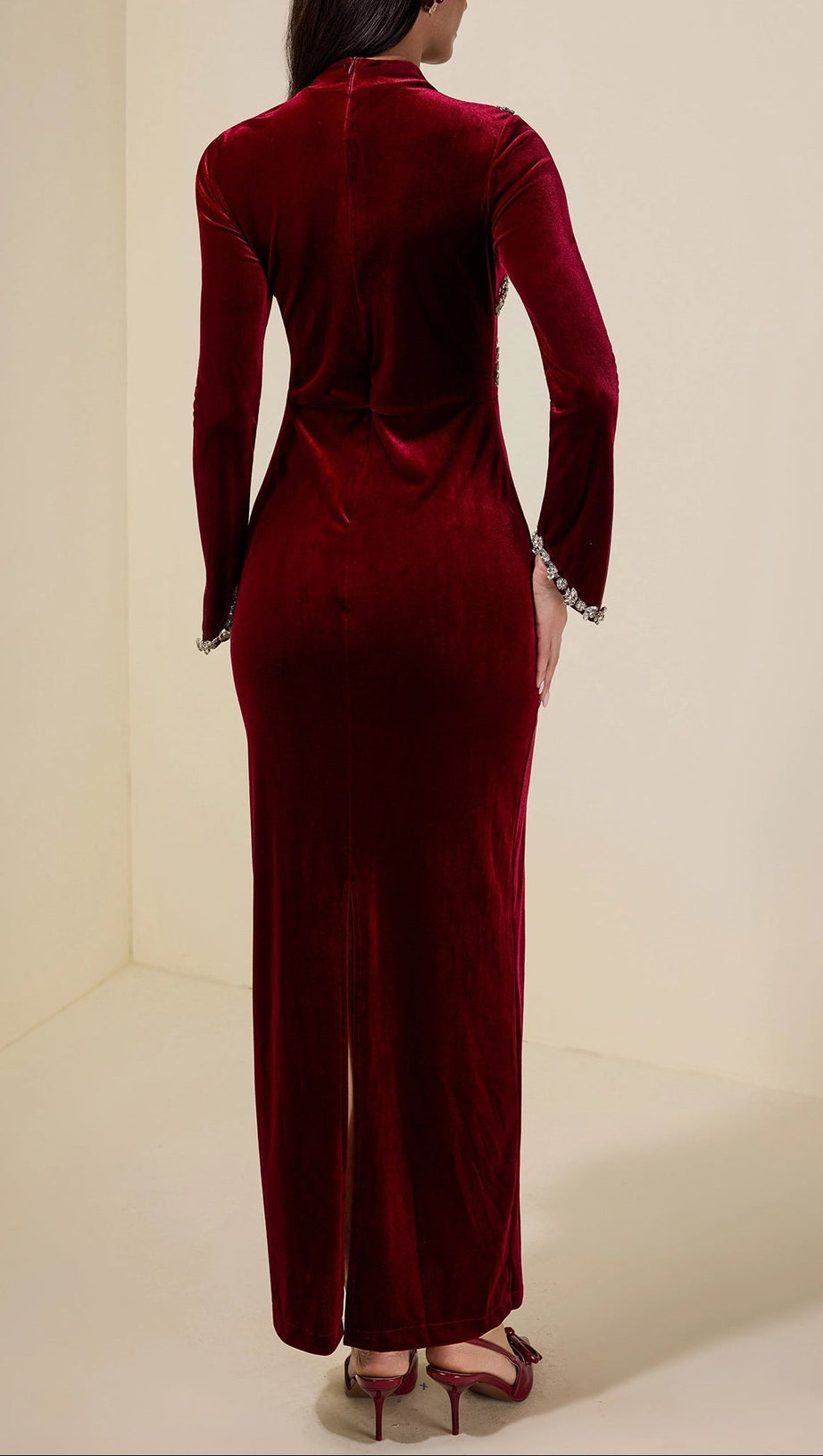 hilary Velvet Rhinestone Long Sleeve Maxi Dress - burgundy