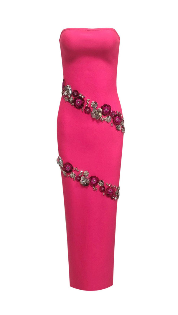 AIIZIE Fuchsia Pink Strapless Floral Sequin Bandage Maxi Gown - product image