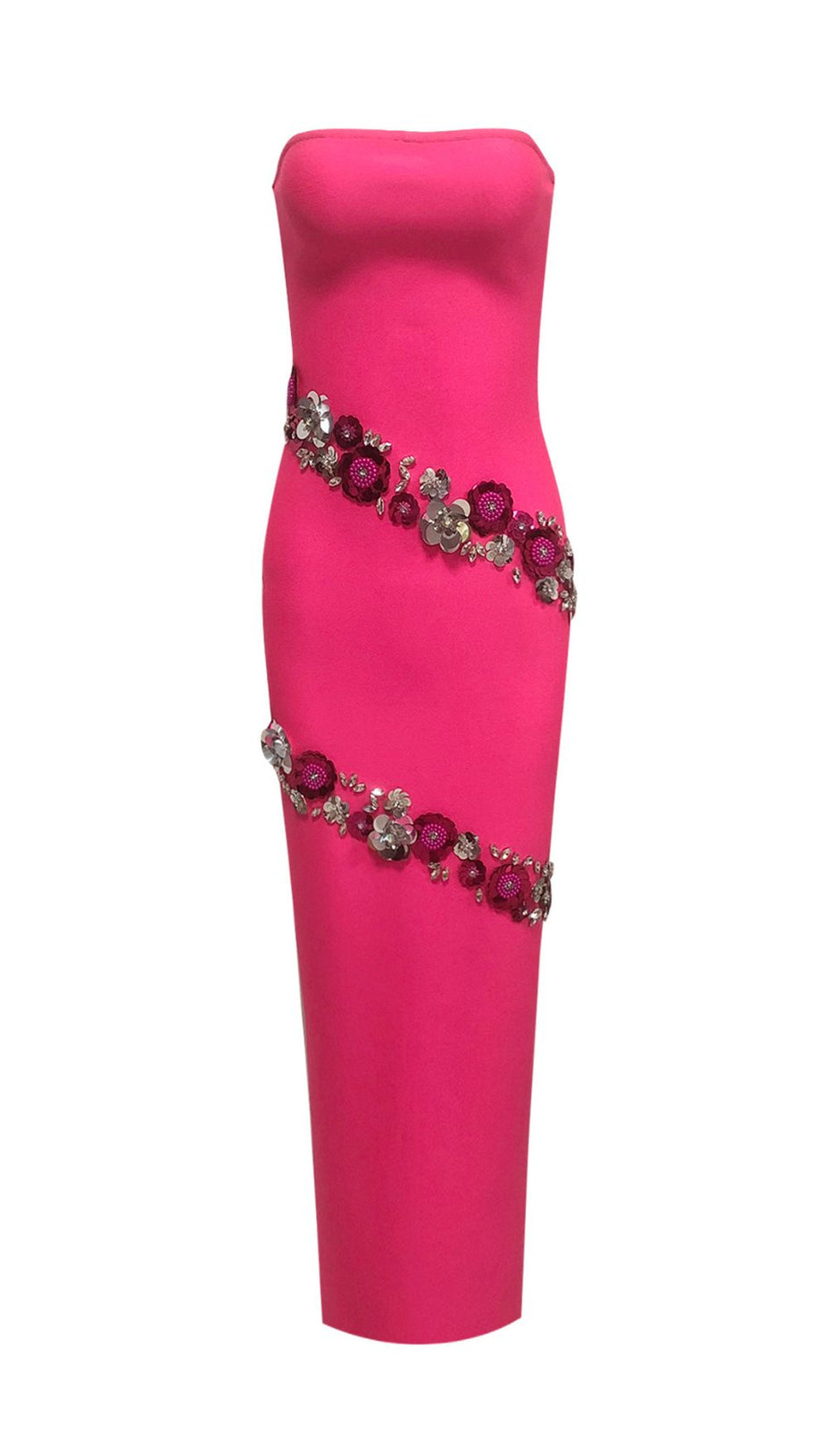 Fuchsia Pink Strapless Floral Sequin Bandage Maxi Gown