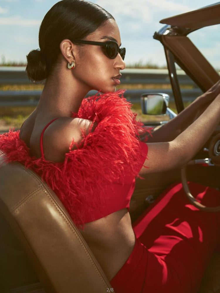 Off-shoulder feather panel red dress