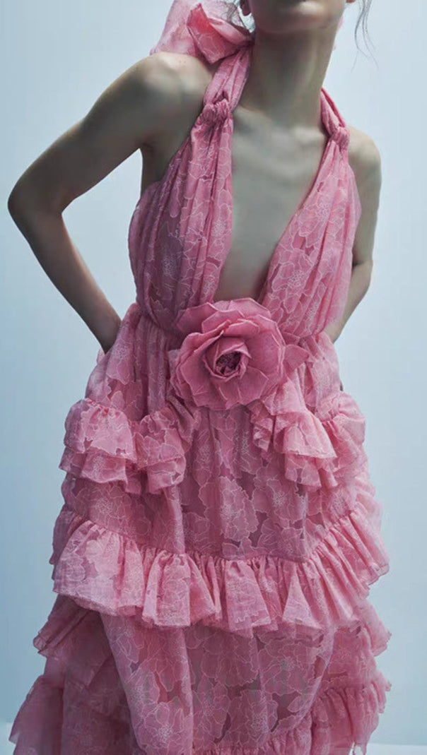 AIIZIE HALTER FLOWER RRUFFLE MAXI DRESS IN PINK - product image