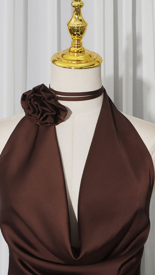 AIIZIE Jeneva Coffee Halter Maxi Dress: Luxurious Satin with a Statement Rose Choker - product image