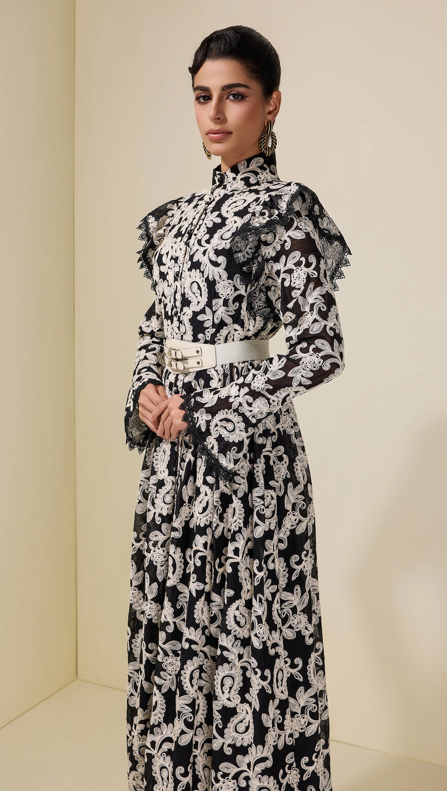 alma Chiffon Embroidered Single Breasted Midi Dress With Belt - black