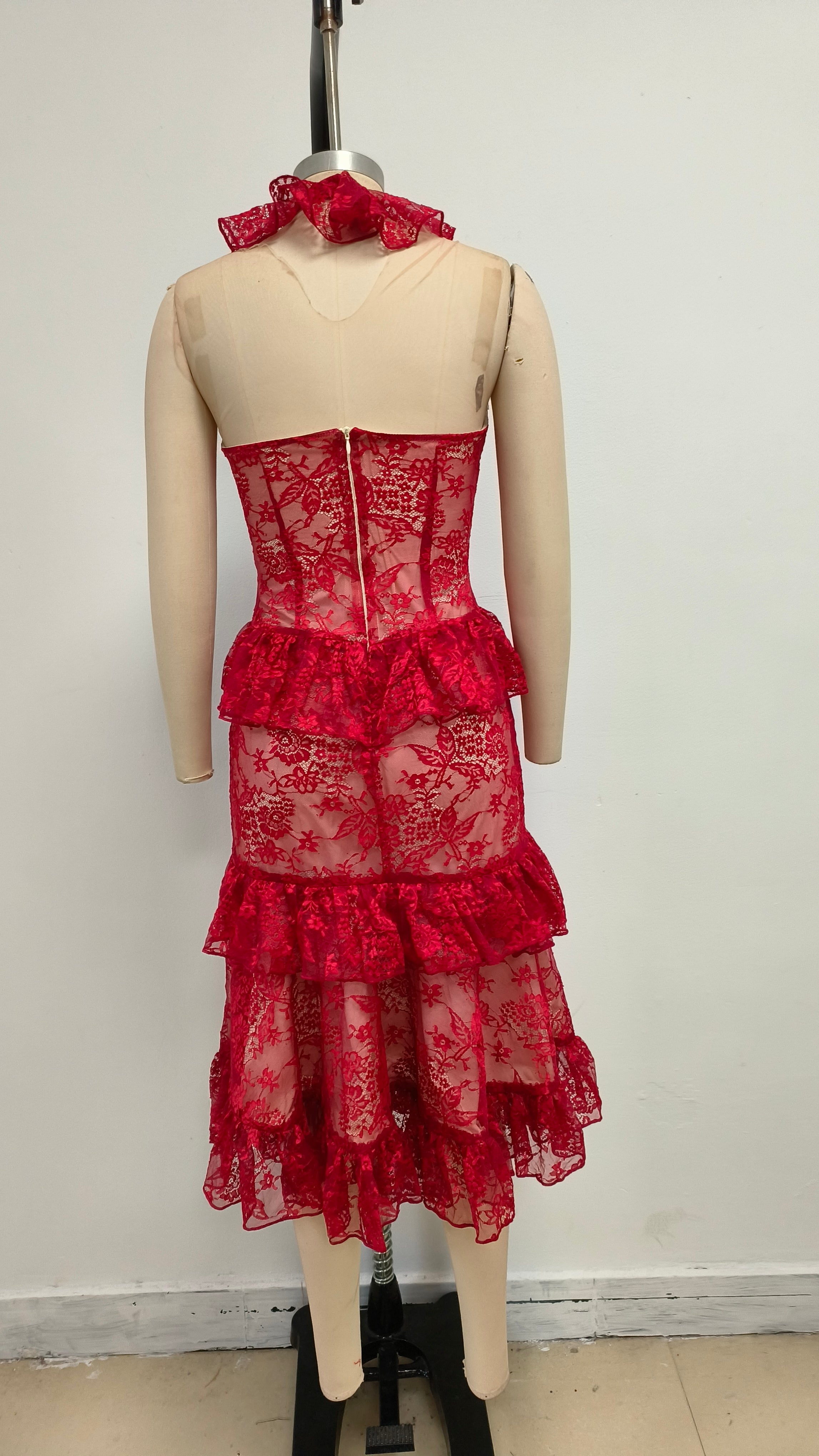 BACKLESS LACE RUFFLED HALTER NECK RED MIDI DRESS