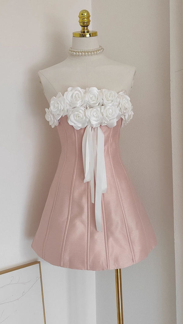 AIIZIE BLUSH PINK FLORAL STRAPLESS MINI DRESS - ELEGANT A-LINE PARTY & COCKTAIL DRESS - product image
