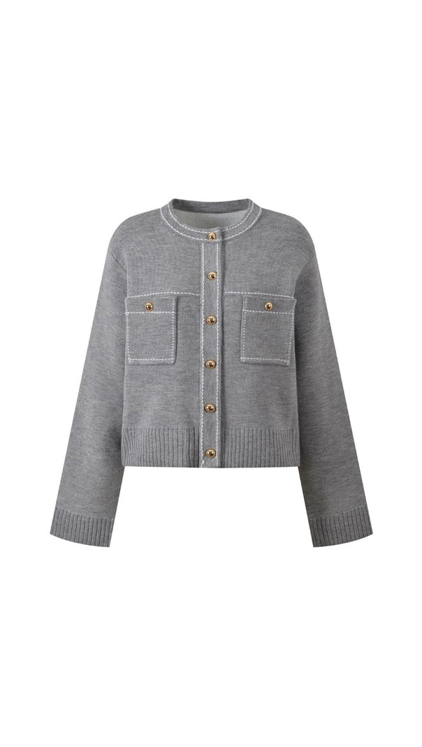 AIIZIE Elegant Grey Contrast Stitch Crewneck Cardigan for Women - product image