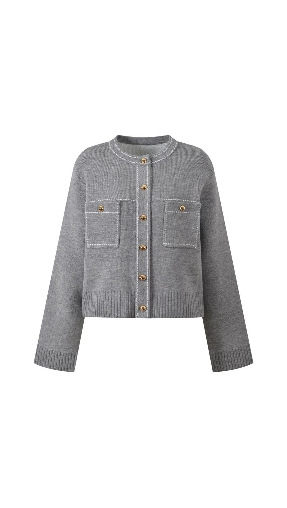 Elegant Grey Contrast Stitch Crewneck Cardigan for Women
