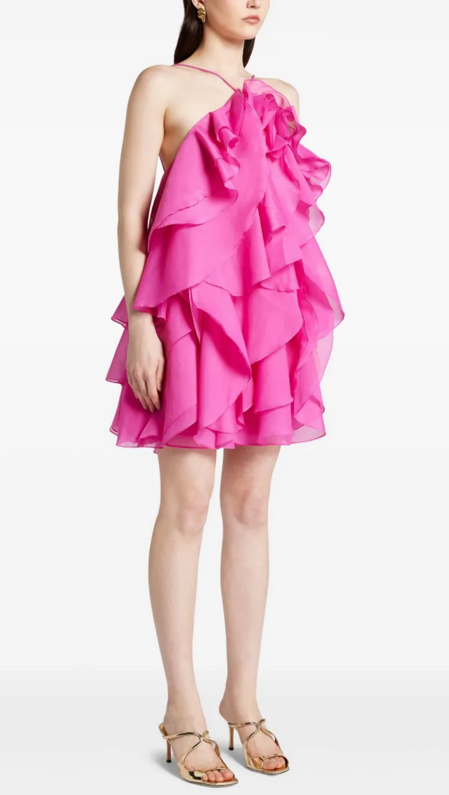 LORRAINE HALTER FLORAL RUFFLE LAYERED MINI DRESS IN FUCHSIA