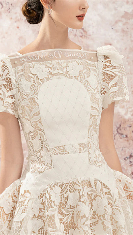 ROSE SLEEVE LACE HOLLOW MINI DRESS IN WHITE