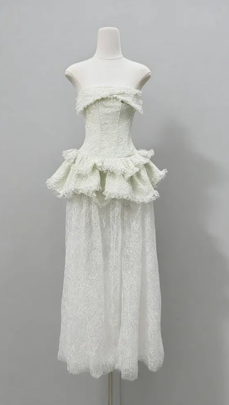 Green Strapless Lace-Paneled Fitted Maxi Dress