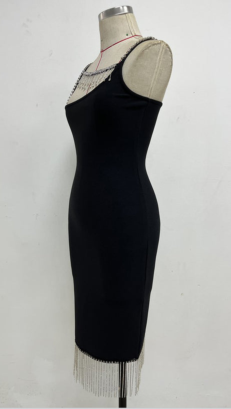 RHINESTONE METAL CHAIN TASSEL BANDAGE DRESS