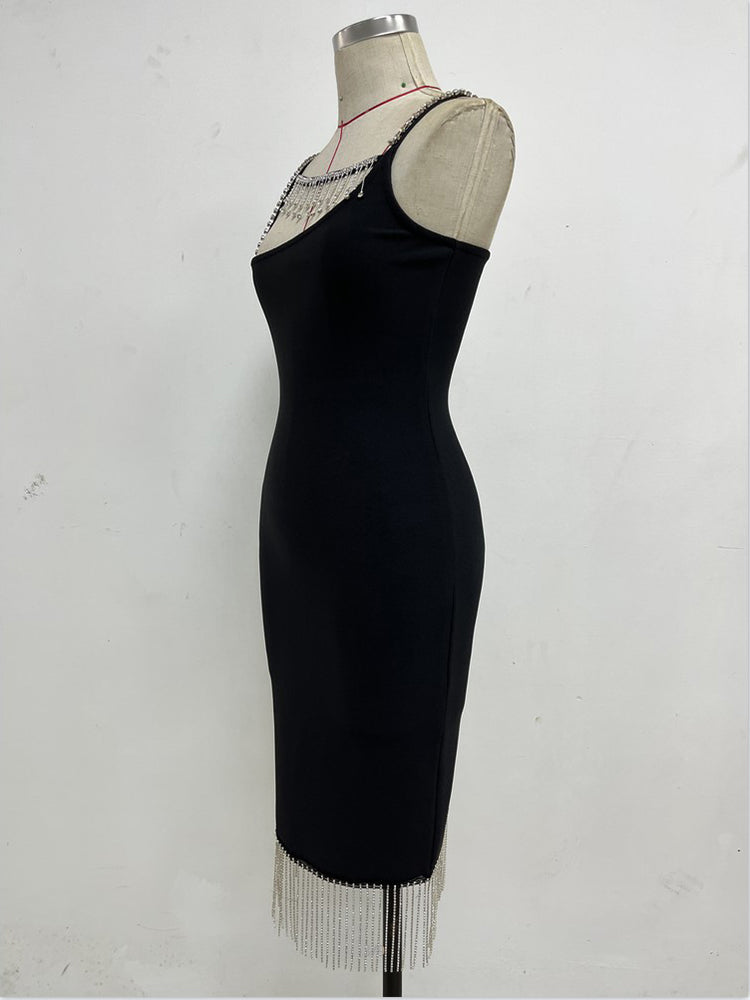RHINESTONE METAL CHAIN TASSEL BANDAGE DRESS