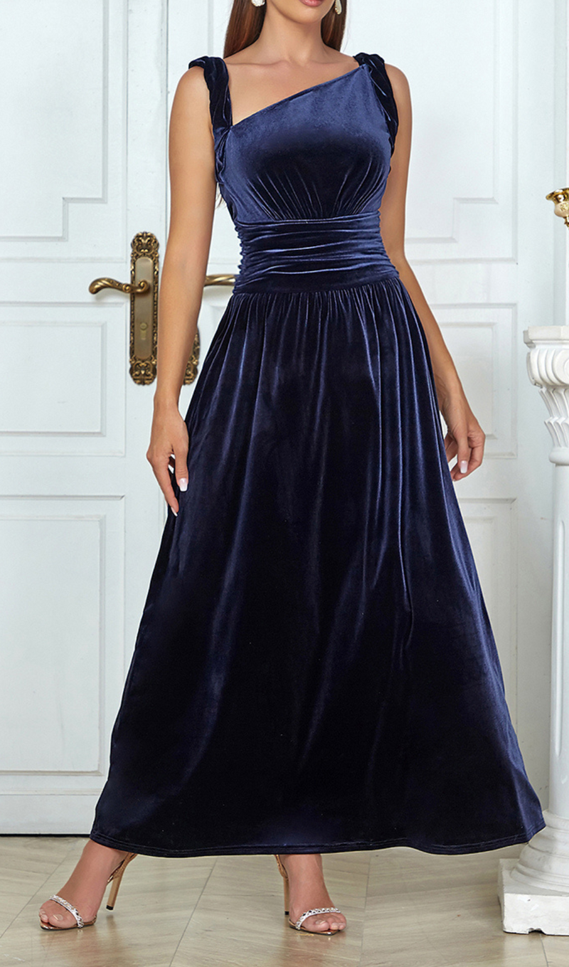 RUCHED WAIST VELVET MAXI DRESS