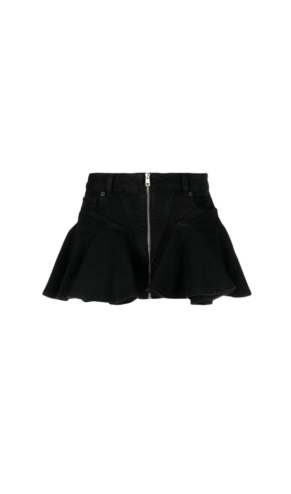 BLACK FLARED DENIM MINI SKIRT