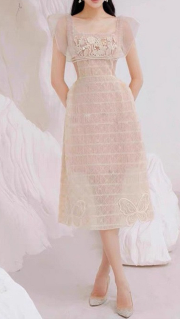 AIIZIE SQUARE NECK LACE MIDI DRESS IN BEIGE - product image