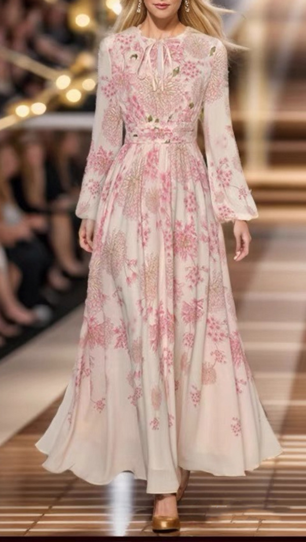 AIIZIE LACE-UP LANTERN SLEEVE FLOWERS PRINT MAXI DRESS - product image