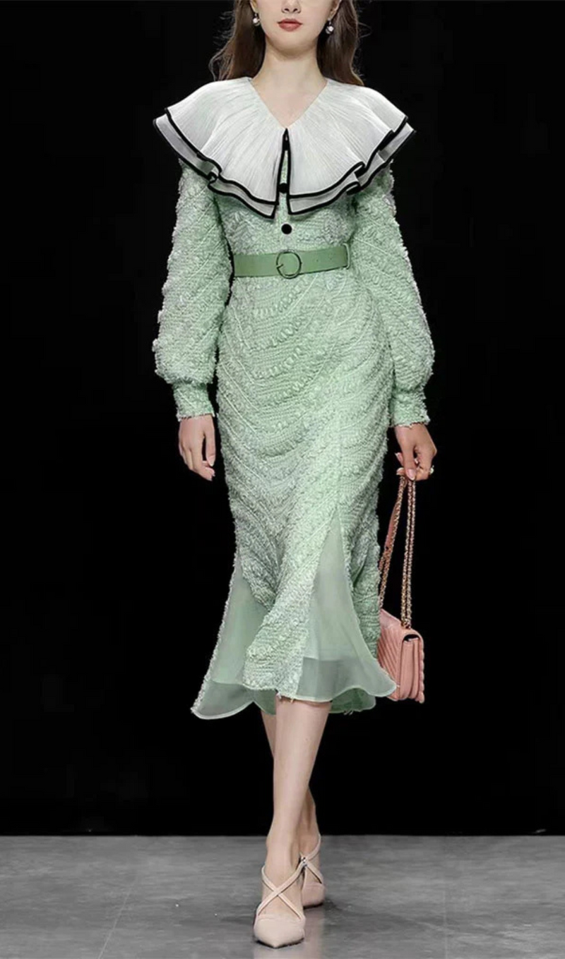 PEA GREEN LAYERED RUFFLE COLLAR KNIT MERMAID DRESS