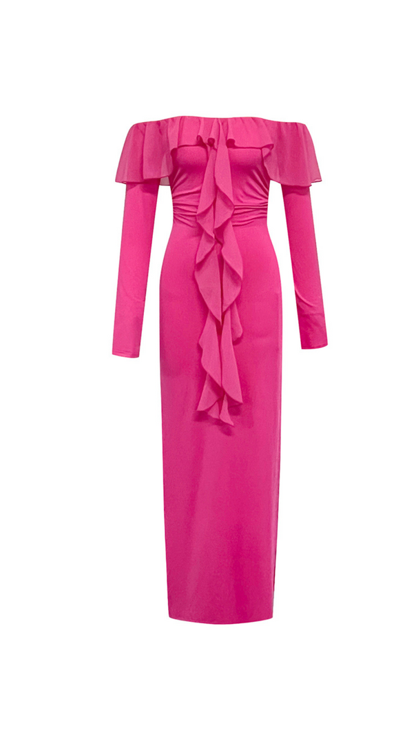 AIIZIE RUFFLED NECKLINE BACK HIGH SLIT MAXI DRESS - product image