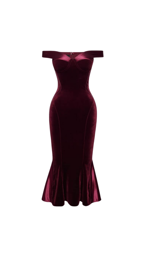 AIIZIE POLYESTER SPANDEX SATIN MIDI DRESS IN BURGUNDY - product image