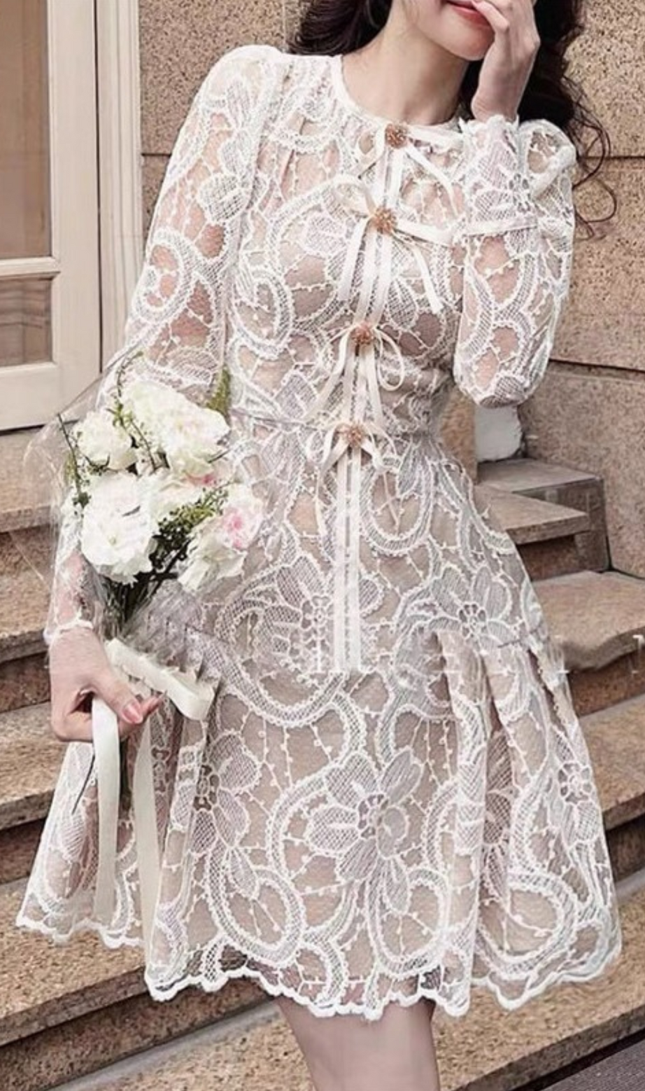 DIAMOND BUTTON BOW LACE HOLLOW OUT MINI DRESS