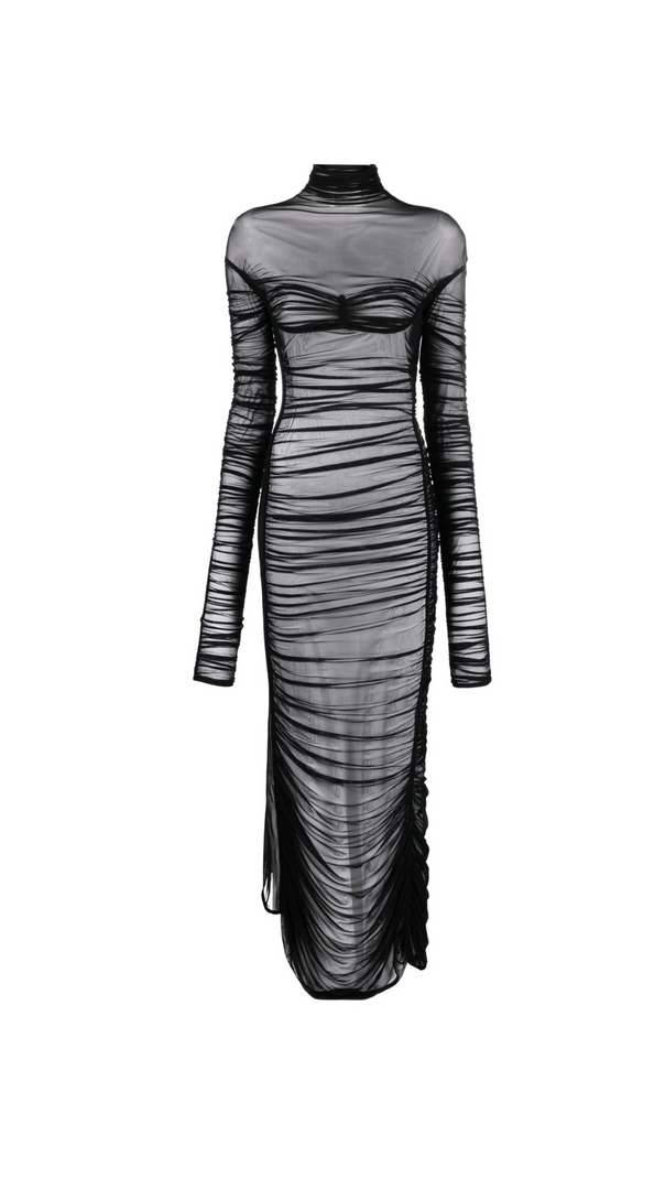 AIIZIE BLACK RUCHED SHEER MAXI DRESS - product image